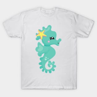 Cute Seahorse, Green Seahorse, Starfish, Hearts T-Shirt